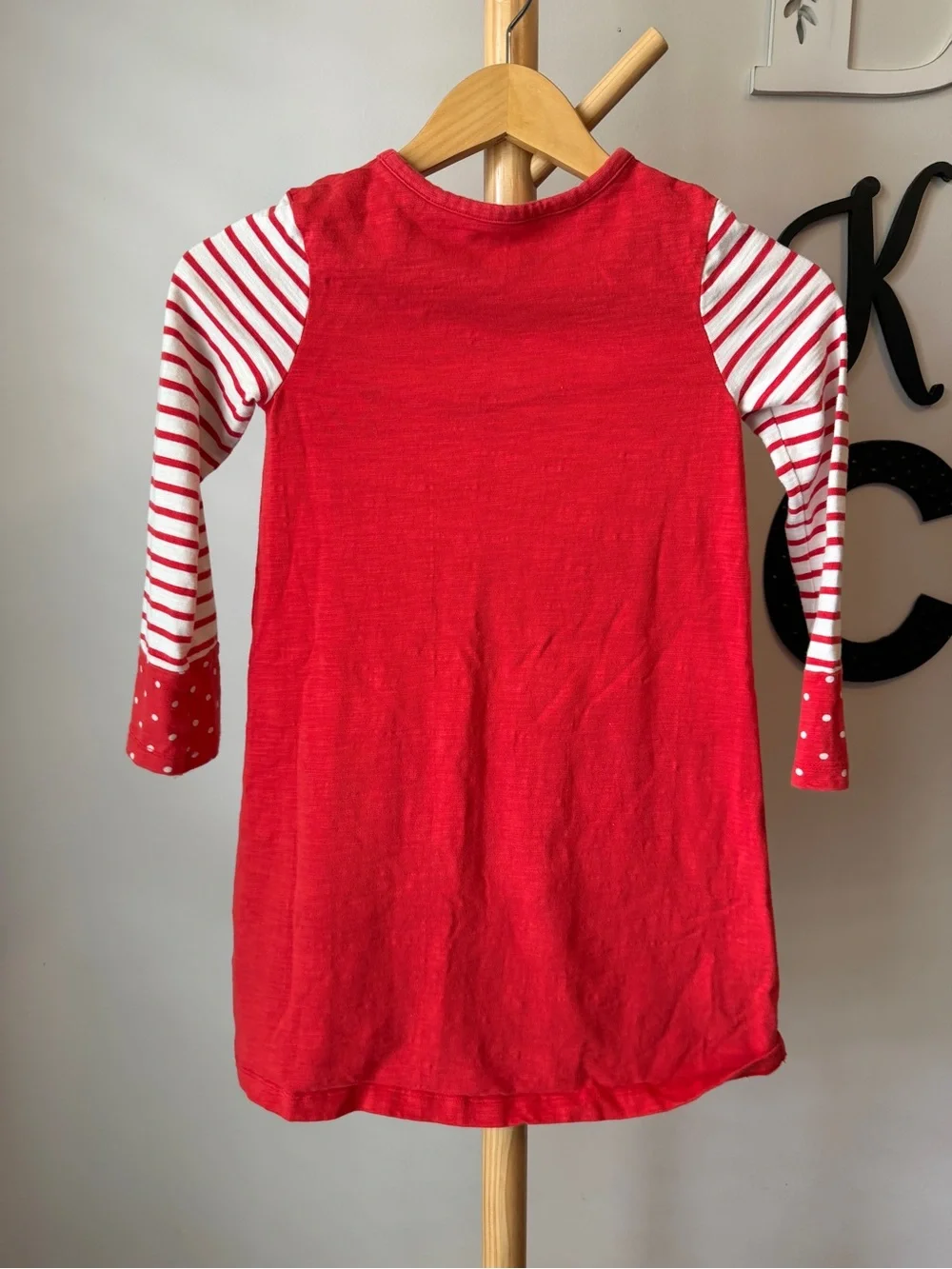 Mini Boden Hopscotch Dress Red Cotton Stripes Polka Dots Pockets Size 8-9
